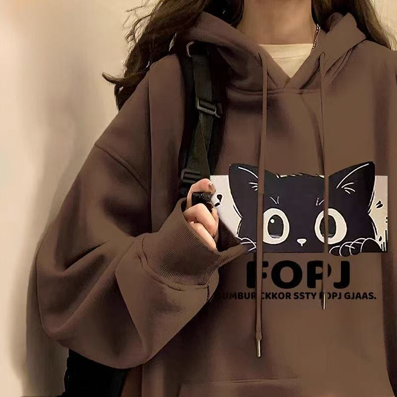 银狐绒连帽卫衣女秋冬新款宽松显瘦加绒加厚小猫印花学生上衣潮男