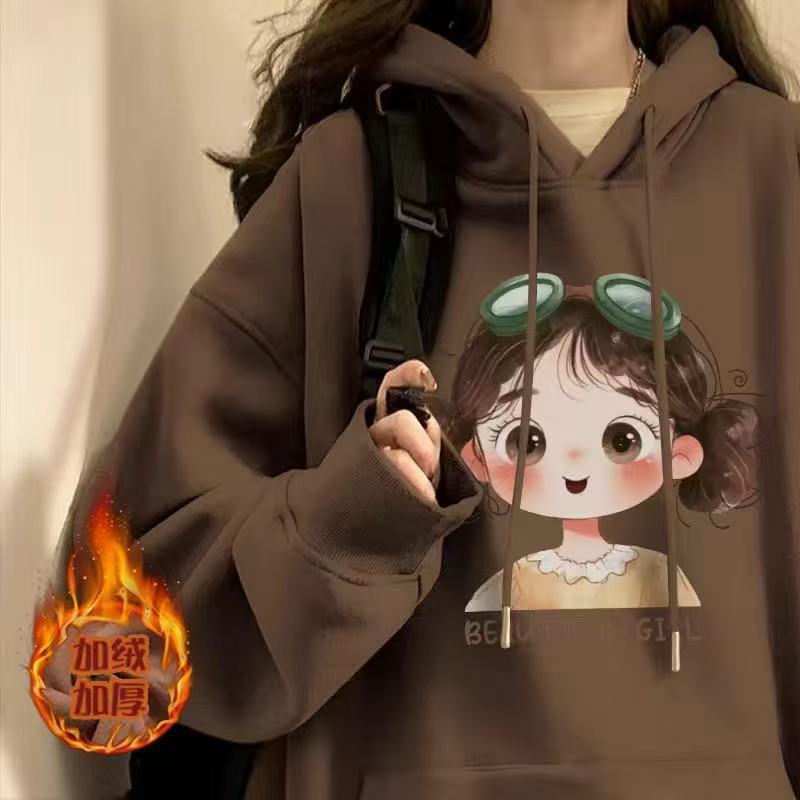 银狐绒咖啡色卫衣女2025新款秋冬加绒加厚连帽宽松女装学生上衣潮