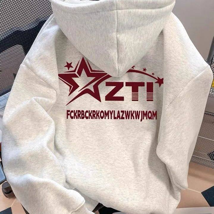 美式复古银狐绒连帽卫衣男女秋冬加绒学生小个子宽松潮牌情侣外套