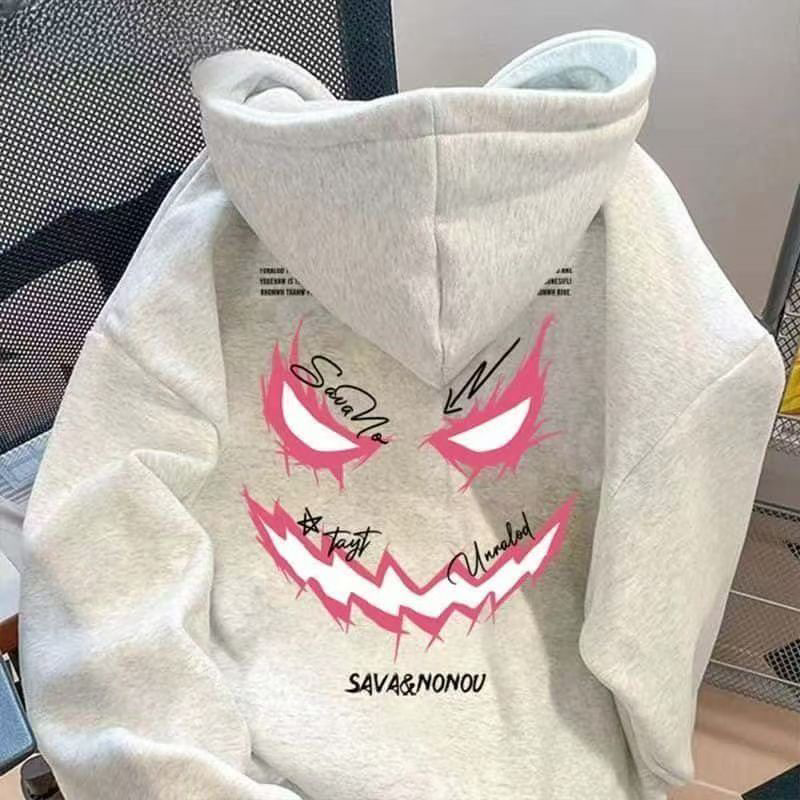 美式重磅印花连帽加绒加厚卫衣男女秋冬季秋冬宽松百搭青少年外套