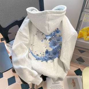 银狐绒创意月亮印花连帽卫衣男女秋冬宽松百搭休闲学生上衣外套潮