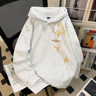 美式复古枫叶印花连帽卫衣男女秋冬季宽松百搭加绒加厚外套上衣潮