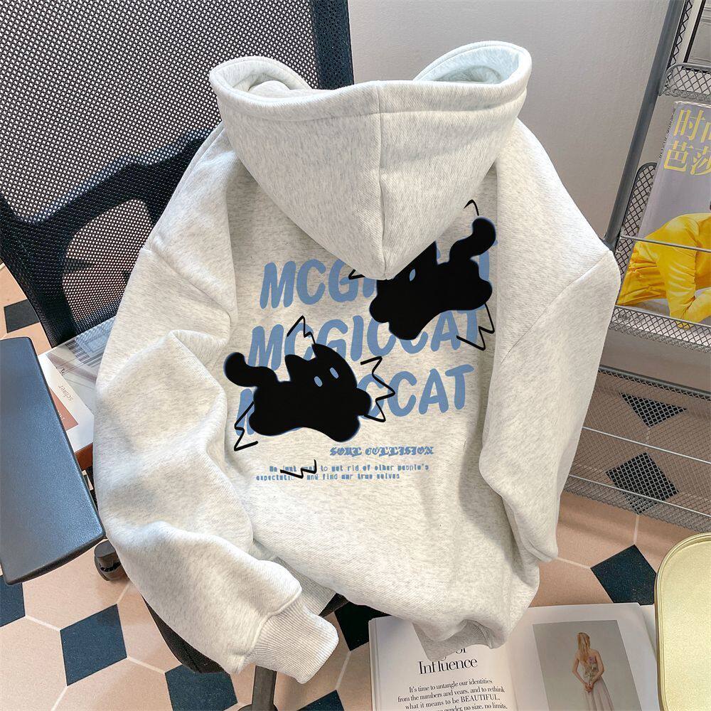 银狐绒秋冬新款卡通猫咪连帽卫衣女宽松慵懒加绒学生上衣男外套