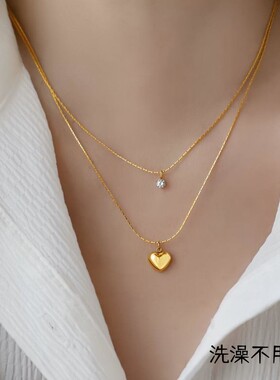 钛钢竹节链女叠戴风爱心锆石项链