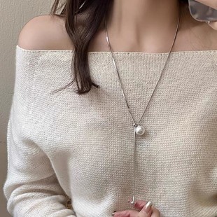 毛衣链 正圆贝珠抽拉流苏Y型蛇骨闺蜜项链抖音爆款 钛钢不掉色