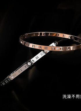 复古女钛钢罗马数字锆石手镯情侣