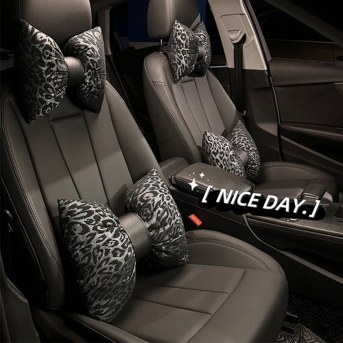 汽车坐垫高级赫本风豹纹简约蝴蝶结座椅头枕护颈枕靠枕四季通用
