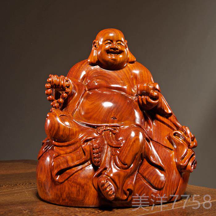 高档檀公木雕弥勒佛像摆件实木布袋笑佛红木家居客黑厅办装饰工艺