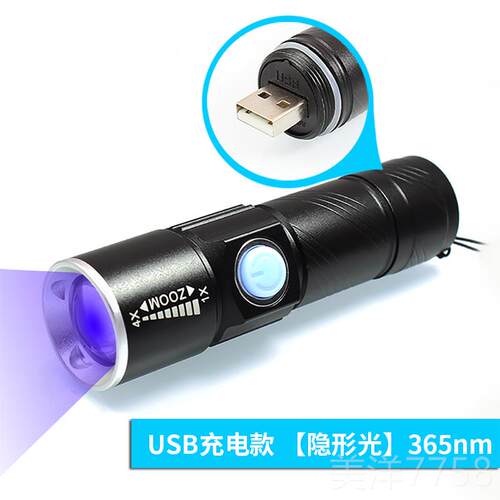 高档US充B电紫光手电 定紫外线LED灯 UV固化灯玉石鉴验钞检测筒荧