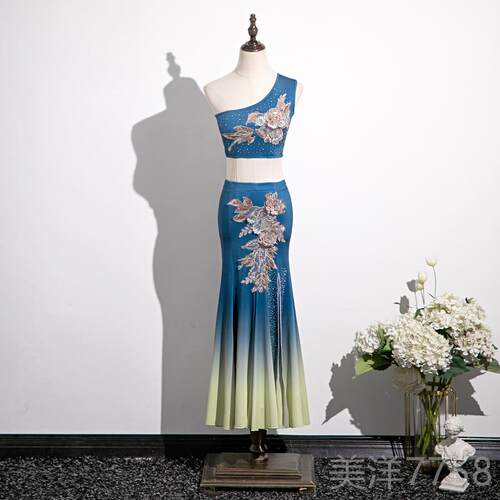 高档傣修族舞身蹈服装女童艺考族包臀鱼尾裙民儿童孔雀舞蹈演出服