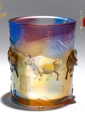 高档琉璃生肖件五福牛笔筒老毕业师领导办公室桌面生摆送日礼物工
