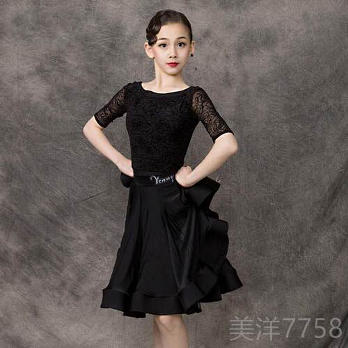 高档venny薇妮拉丁舞演出花功纹鱼骨裙女儿童专女业服比赛童练服