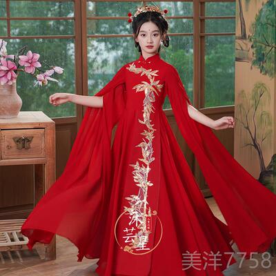 高档童儿汉代古唱筝表演服装典孩雅晚礼服红女合团主持人表演服装