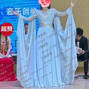 高档2025白色深V领水袖 唱唱歌独旦声乐演唱会台随身 镶钻飘舞逸元