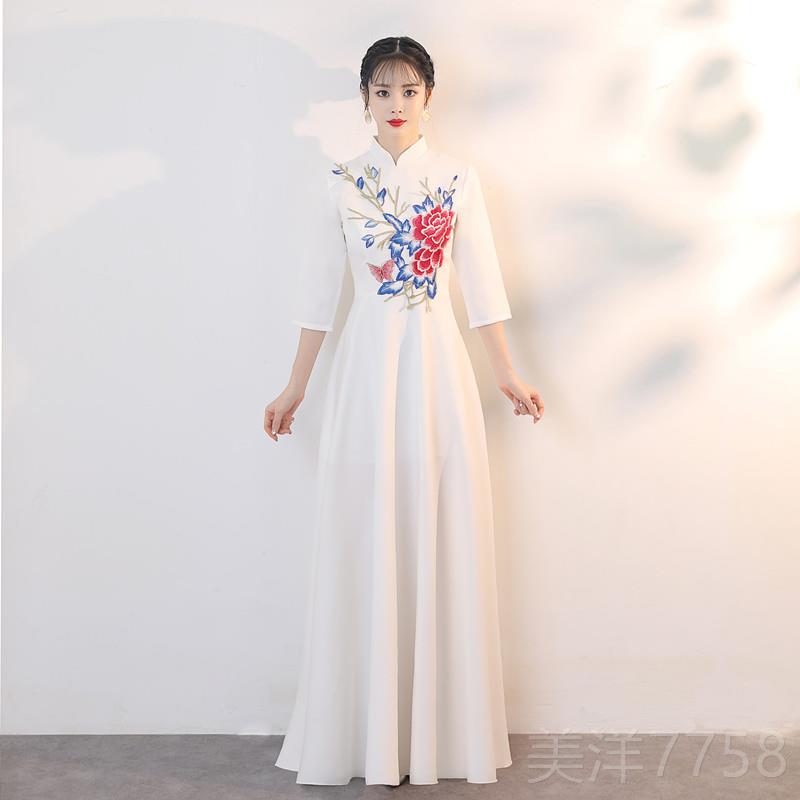 高档长袖大摆青花瓷长款仪迎宾礼礼仪小姐服装酒店出演服时尚复服图片