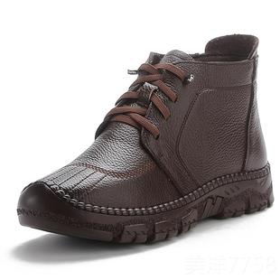 高档层牛皮202新3冬季 加绒头短靴覆古靴子女厚底防滑保暖真皮妈 款