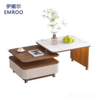 高档新中古风岩板转茶几家用客厅小户型网红款可移动茶桌2旋025款