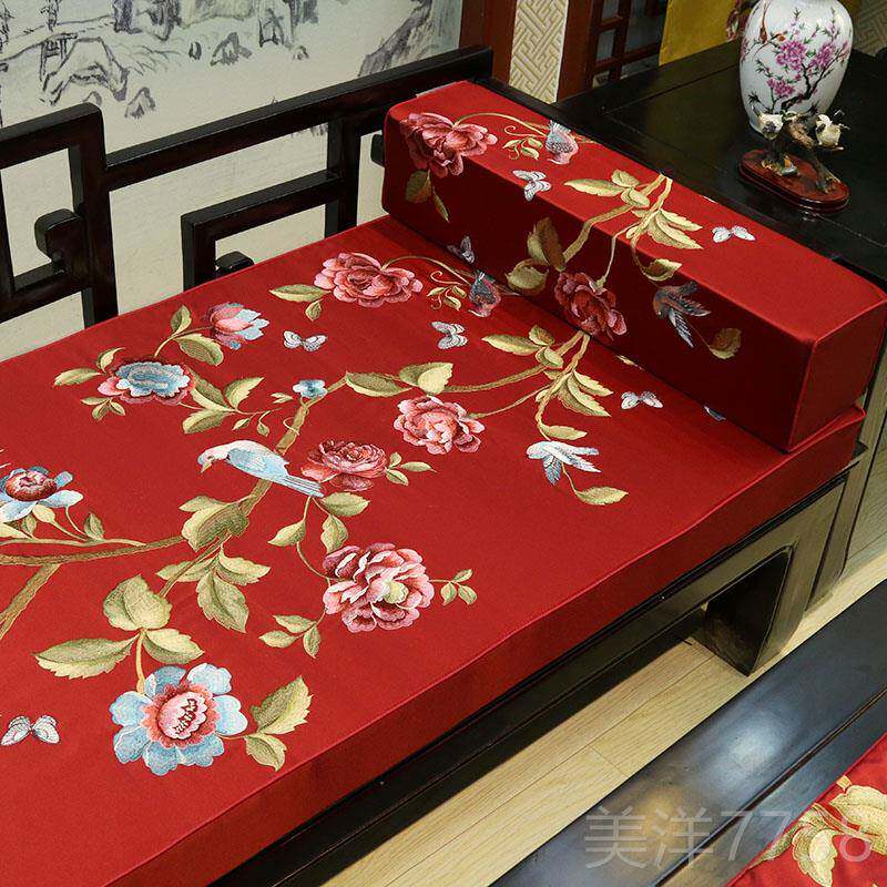 高档新古中式花鸟红木沙实木家具坐垫罗汉床典飘发窗子垫五件套定