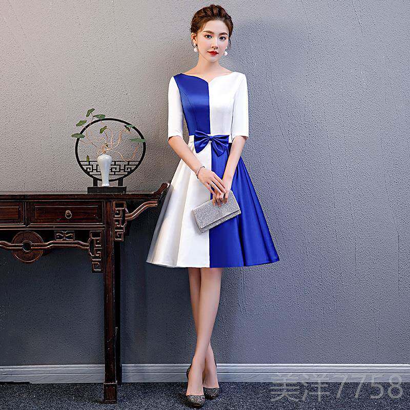 高档小晚礼服女白合色礼裙物仪服装学团生颁奖演讲比赛朗诵唱演出