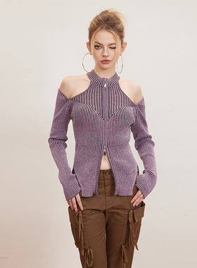 Augenweide春秋季千禧辣妹露肩设计双色粗针织拉链挂脖毛衫