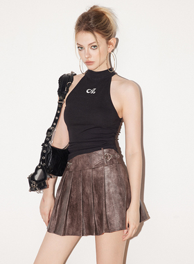 Augenwei女装美式辣妹挂脖吊带背心针织衫纯棉打底无袖修身