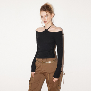 Augenweide绑带挂脖露肩一字领针织打底衫 高级感 秋冬小众修身