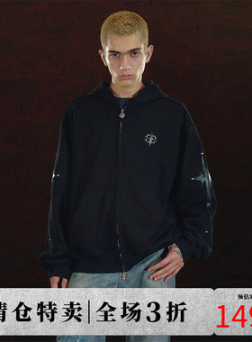 DICETINY袖子贴皮拉链帽衫连帽宽松纯棉重磅卫衣街头潮牌铆钉外套