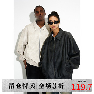 复古宽松休闲皮衣外套 DICETINY基础logo云雾做旧PU皮夹克男女美式