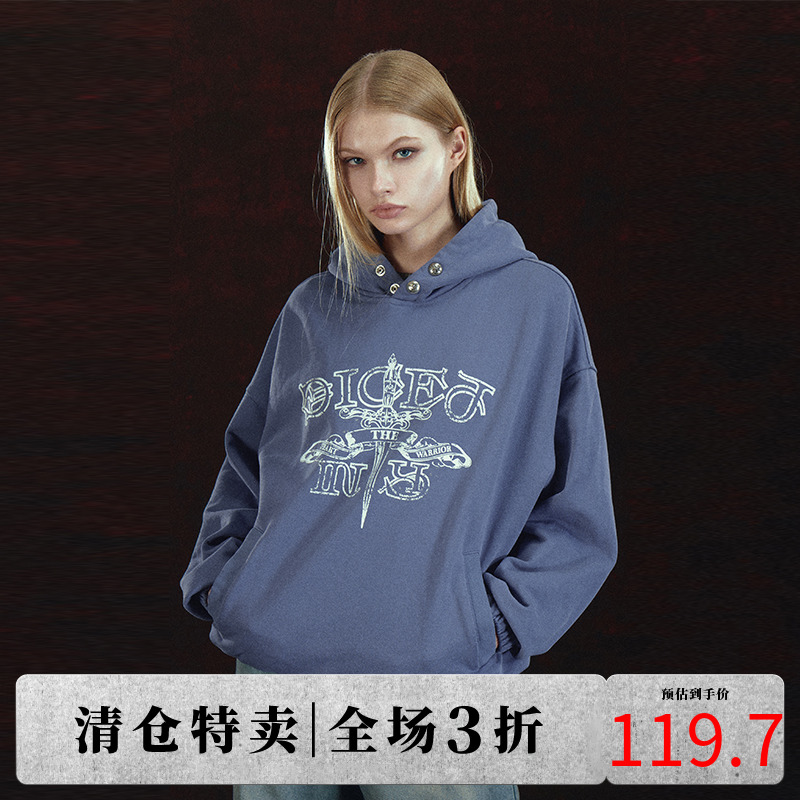 DICETINY元屠之剑印花帽衫纯棉重磅宽松卫衣四合扣斑驳印花上衣