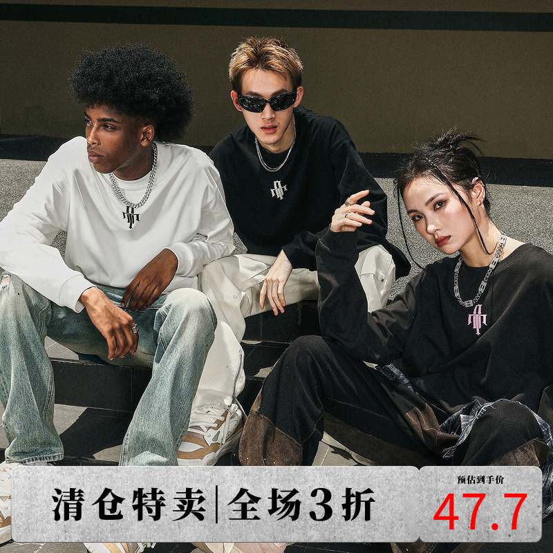 DICETINY DT基础图案印花长袖T恤男女美式高街复古情侣上衣打底衫