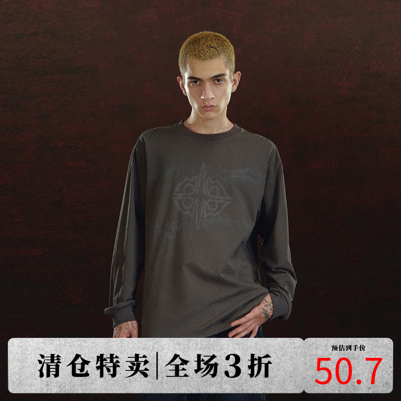 DICETINY OE纱印花长袖T恤斑驳logo纯棉圆领宽松秋季街头打底衫