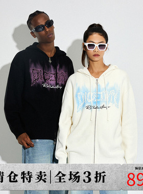 DICETINY荆棘logo印花毛衣开衫男女美式潮牌宽松休闲情侣上衣外套