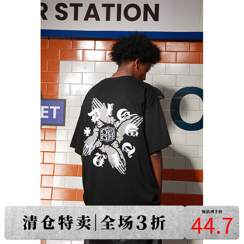 DICETINY 上帝从不掷骰系列双手祈祷印花短袖重磅情侣街头潮牌T恤