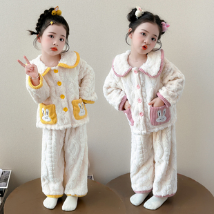 女童睡衣套装2026新款法兰绒秋冬保暖翻领女宝宝珊瑚绒家居服休闲