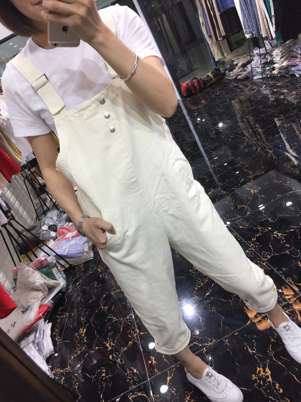 Y.2女装新款夏装牛仔背带裤两件套休闲7分裤背带裤+T恤黑白色