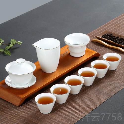 高档厂家直销白瓷功夫茶家用描套装盖碗O茶杯金茶碗具商务礼品定