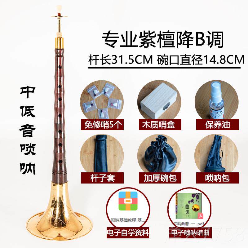 高档专业呐演唢奏级抗裂小叶紫檀高呐级高D调档降B纯铜赵氏锁乐器