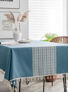 高档蓝色复布古轻奢高级感桌布艺餐桌棉布茶几麻桌旗欧法式会议北