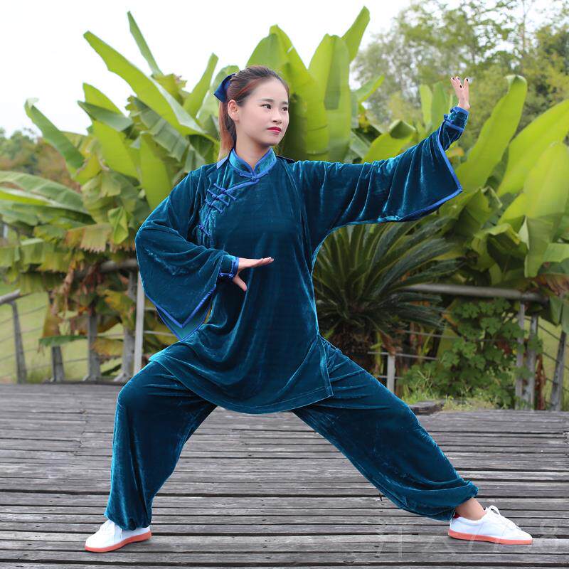 高档斜襟收腰赛加长秋冬加厚金丝绒太服练功武术极服老年表中演比