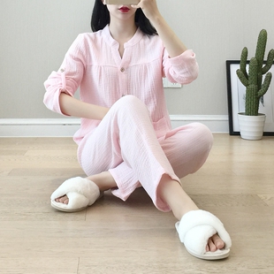 开衫 日系全棉纱布睡衣女士春秋季 纯棉水洗绉布长袖 家居服套装 薄款
