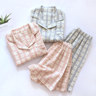 夏季格子睡衣男女纯棉纱短袖短裤开衫文艺范家居空调睡眠服薄情侣