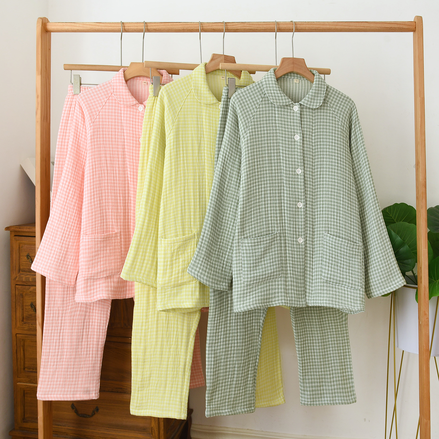 四层纱全棉翻领开衫秋冬睡衣套装