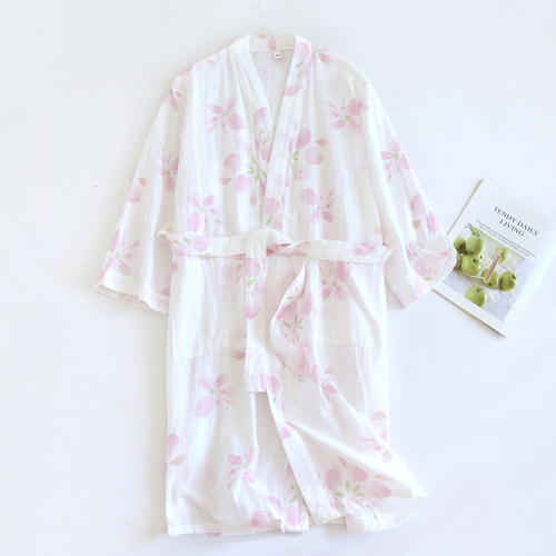双层纯棉纱布樱花和服睡袍女夏