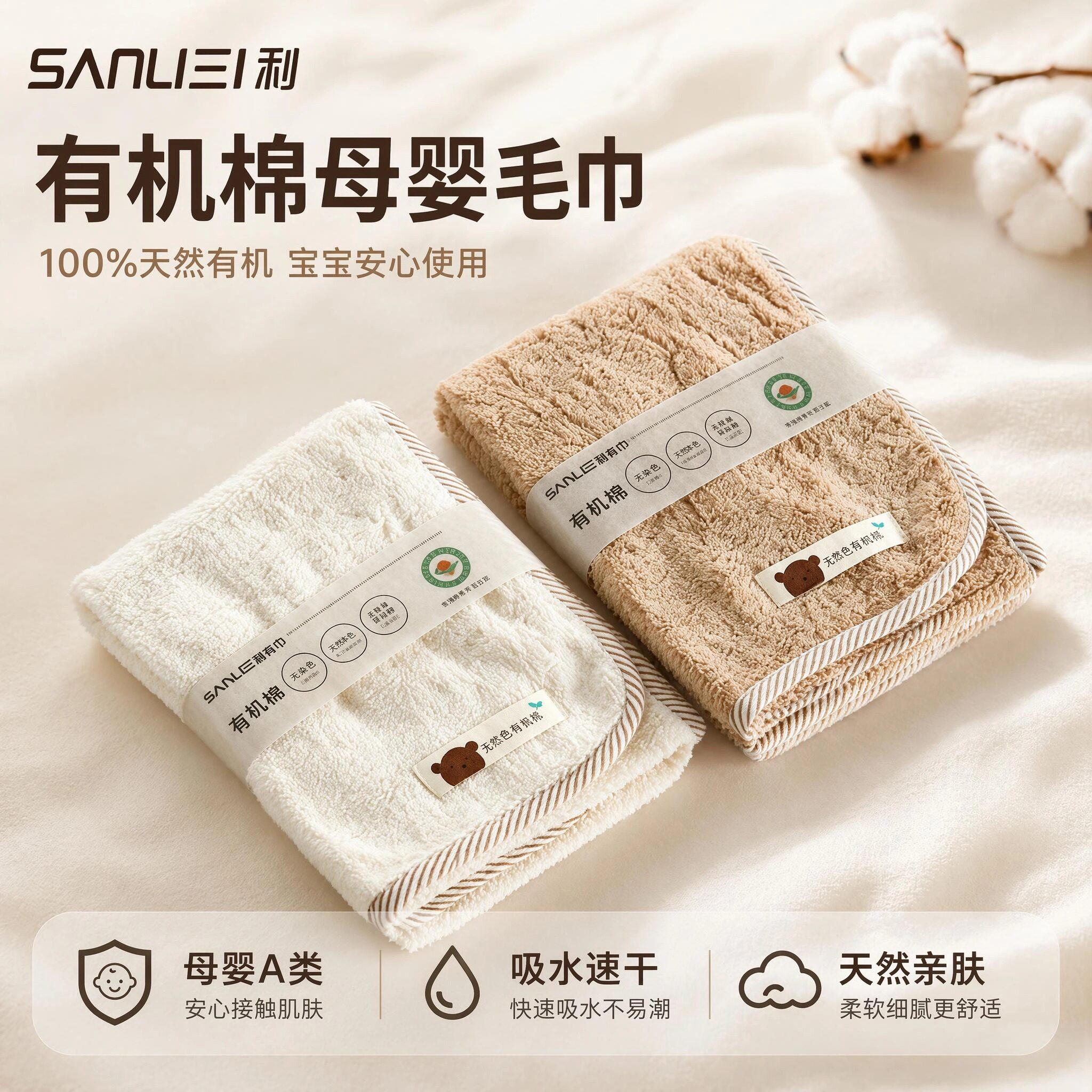 三利毛巾有机棉棉儿童吸水洗脸巾纯棉100全棉男女A类宝宝不易掉毛