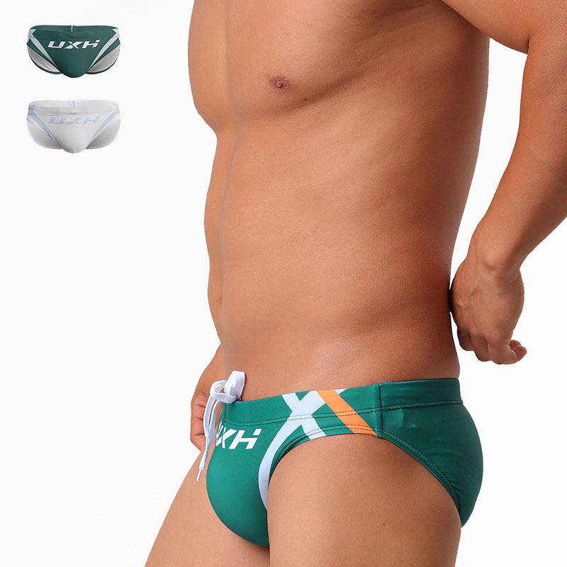 UXH男士三角泳裤拼色低腰比基尼排水线性感泳装时尚潮三角游泳裤