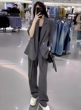 感灰色西装套装女春秋新款时尚休闲职业西服外套阔腿裤两件套