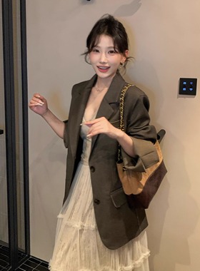 陈六六CHENLIULIU【悸遇白月光】韩系复古西装外套气质网纱半身裙