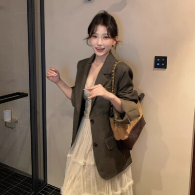 陈六六CHENLIULIU【悸遇白月光】韩系复古西装外套气质网纱半身裙