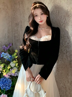 陈六六CHENLIULIU【约会战袍】设计感法式蕾丝拼接假两件丝绒上衣