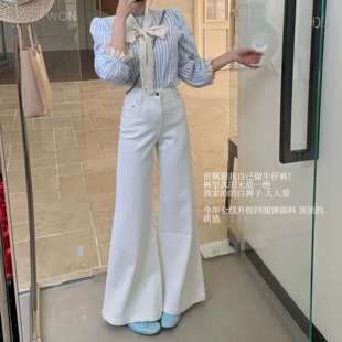 陈六六CHENLIULIU【超优比例】春季白色高腰显瘦垂感阔腿牛仔裤